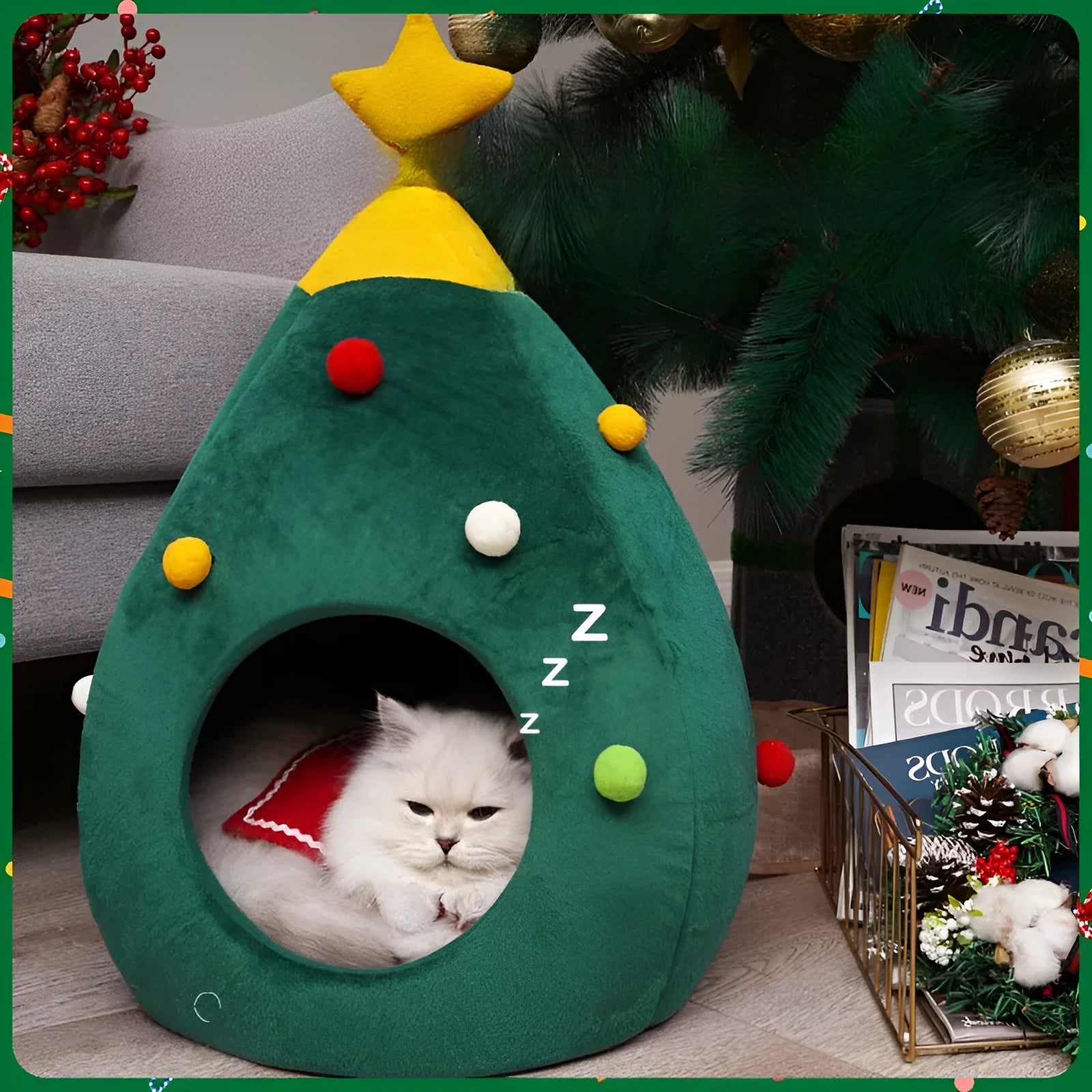 Plush Christmas-themed cave-style pet bed for cats and dogs with a washable cover