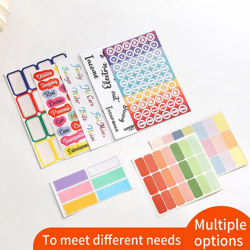 Handwritten labels and adhesive stickers showing grid configurations and colour options including white German adhesive stickers