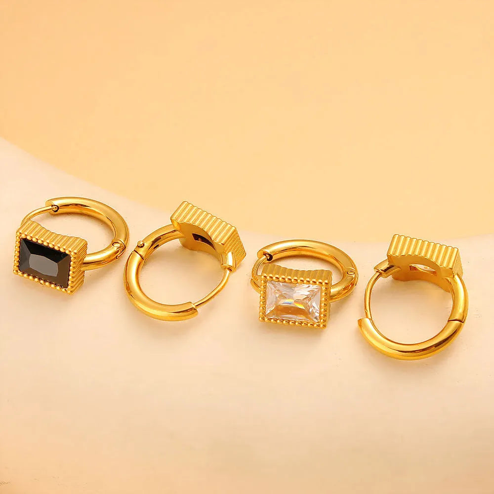 Geometric stainless steel earrings with square zircon and round ring elements in three colour options