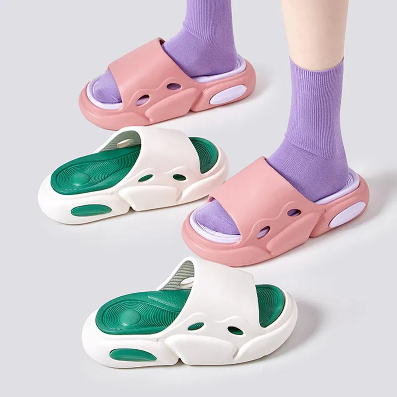 Pink purple and white green two-colour unisex slippers with thick EVA sole and leather lining.