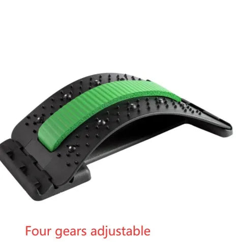 A blue and black adjustable back stretcher with 8 massage heads in a rectangular trapezoid shape for waist and back pain relief.