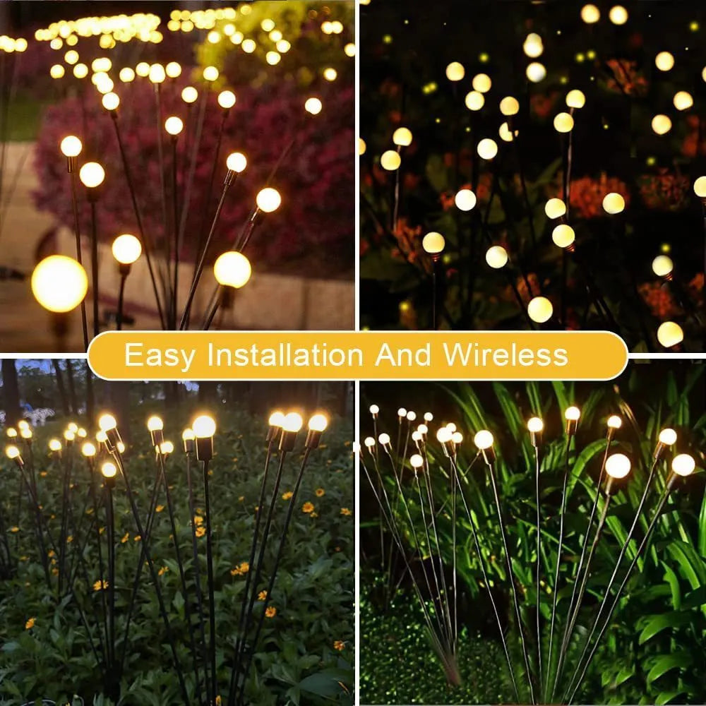 Solar-powered LED garden light with multiple heads on a stainless steel stake, placed in soil.