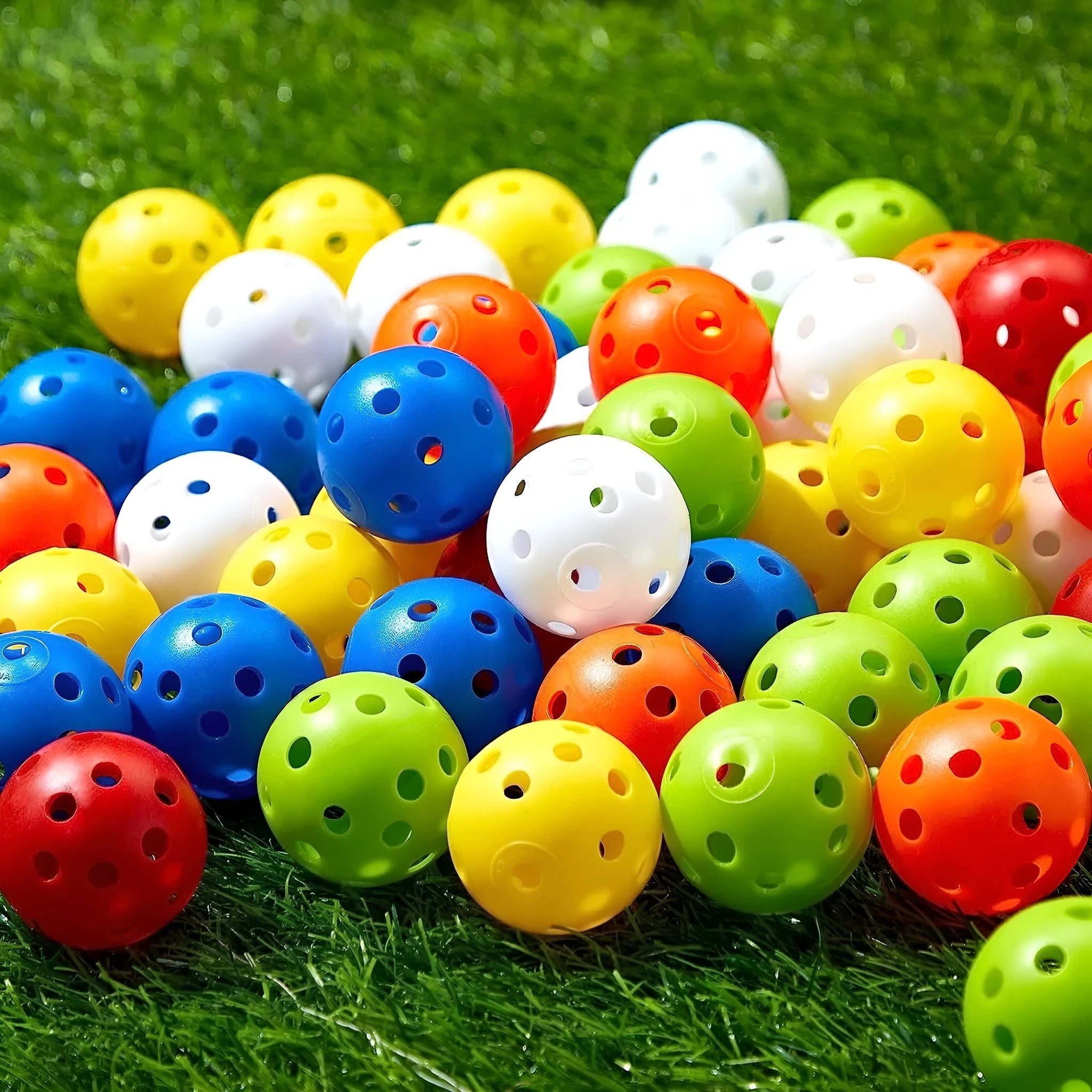 Multi-colour golf practice balls with a 26-hole target mat, stored in a net pocket.