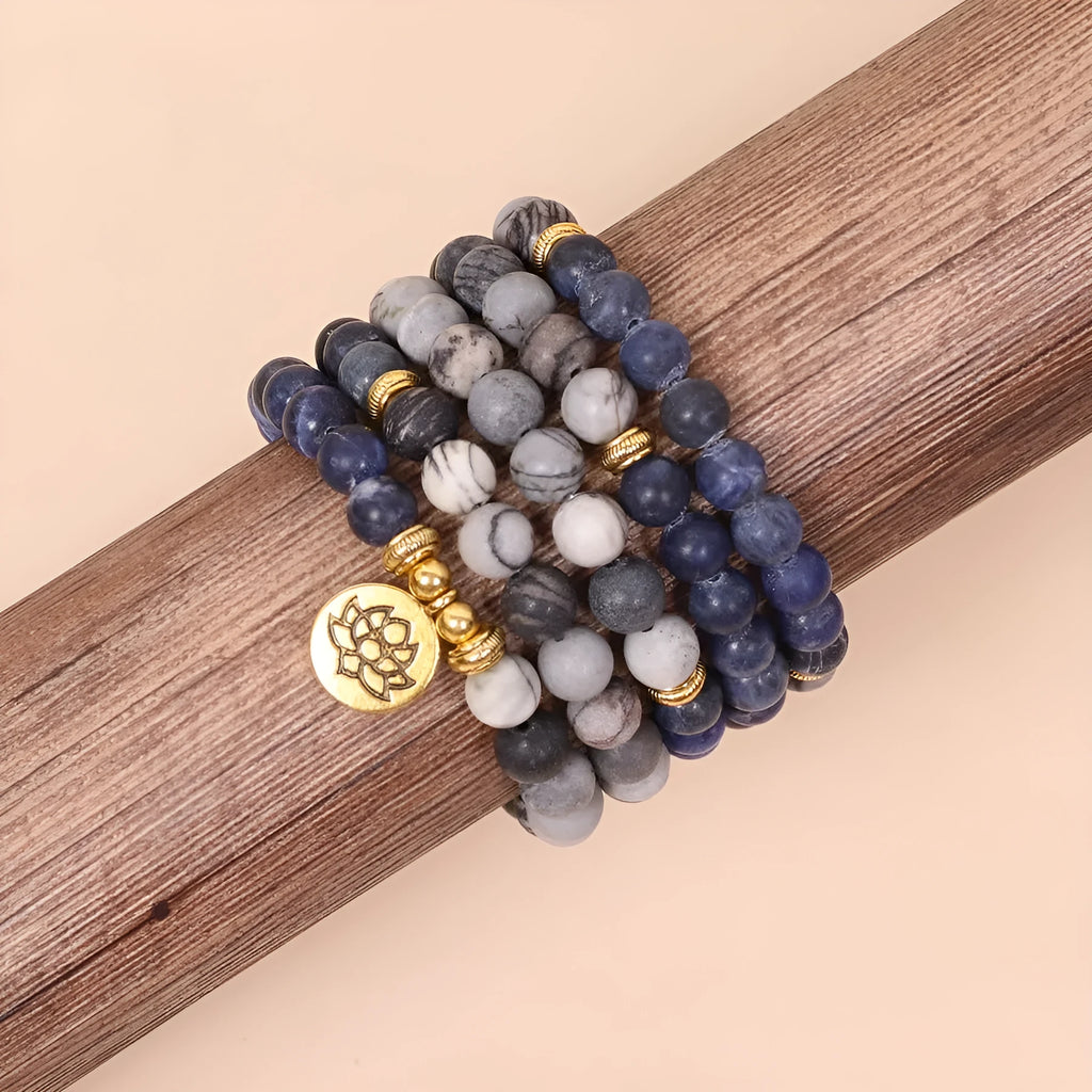 Blue patterned network stone bead multi layer bracelet with alloy metal components