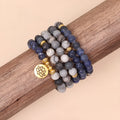 Blue patterned network stone bead multi layer bracelet with alloy metal components