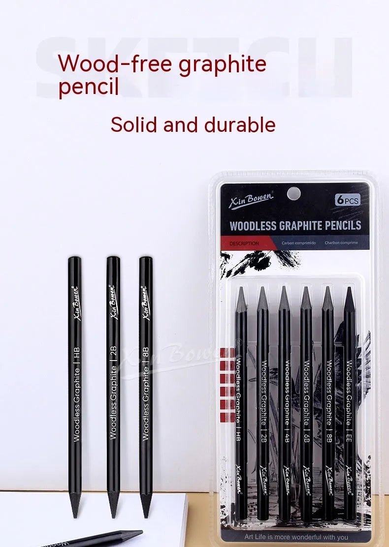 Set of six wood-free graphite sketching pencils in grades HB, 2B, 4B, 6B, 8B, and EE.
