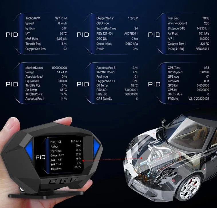 P1 black vehicle HUD display unit with OBD cable on car dashboard