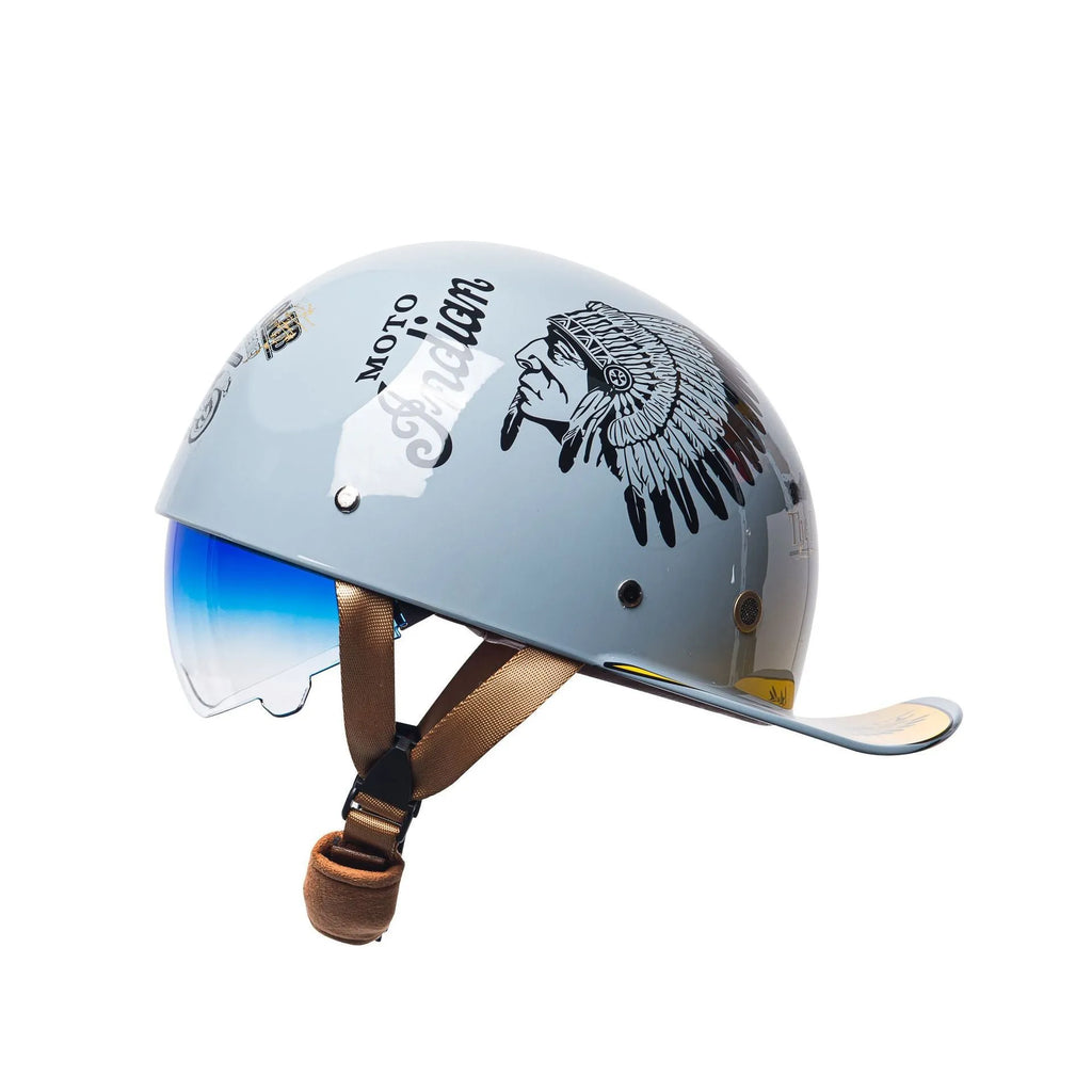 Men's retro half helmet for electric bikes in bright black with a blue gradient lens.