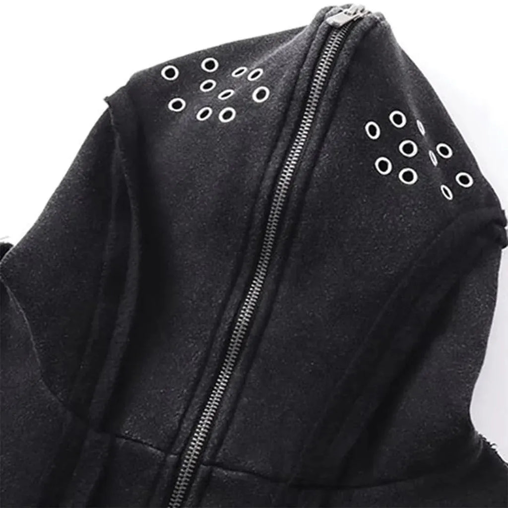 Black padded cotton cardigan with zip front, hood, and abstract pattern