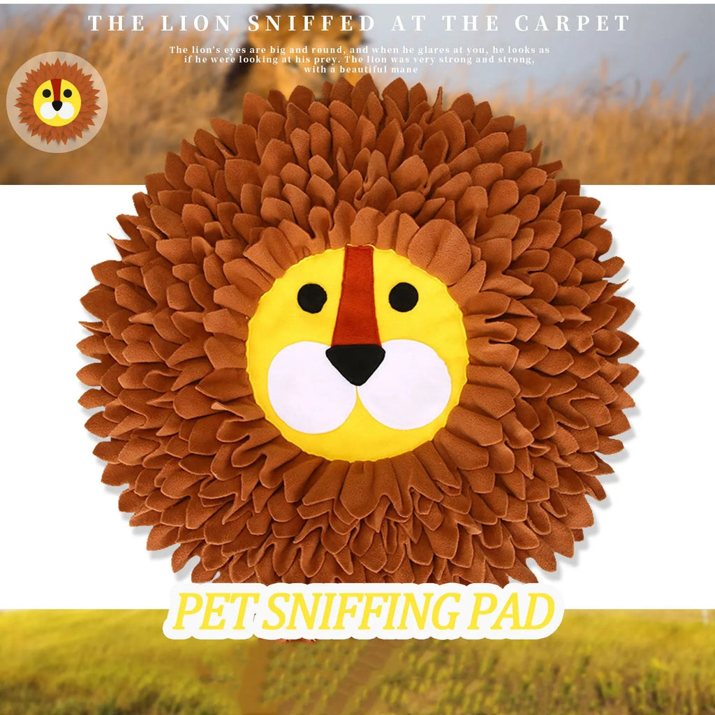 Brown lion sniffing pad and food hiding blanket for dogs and cats