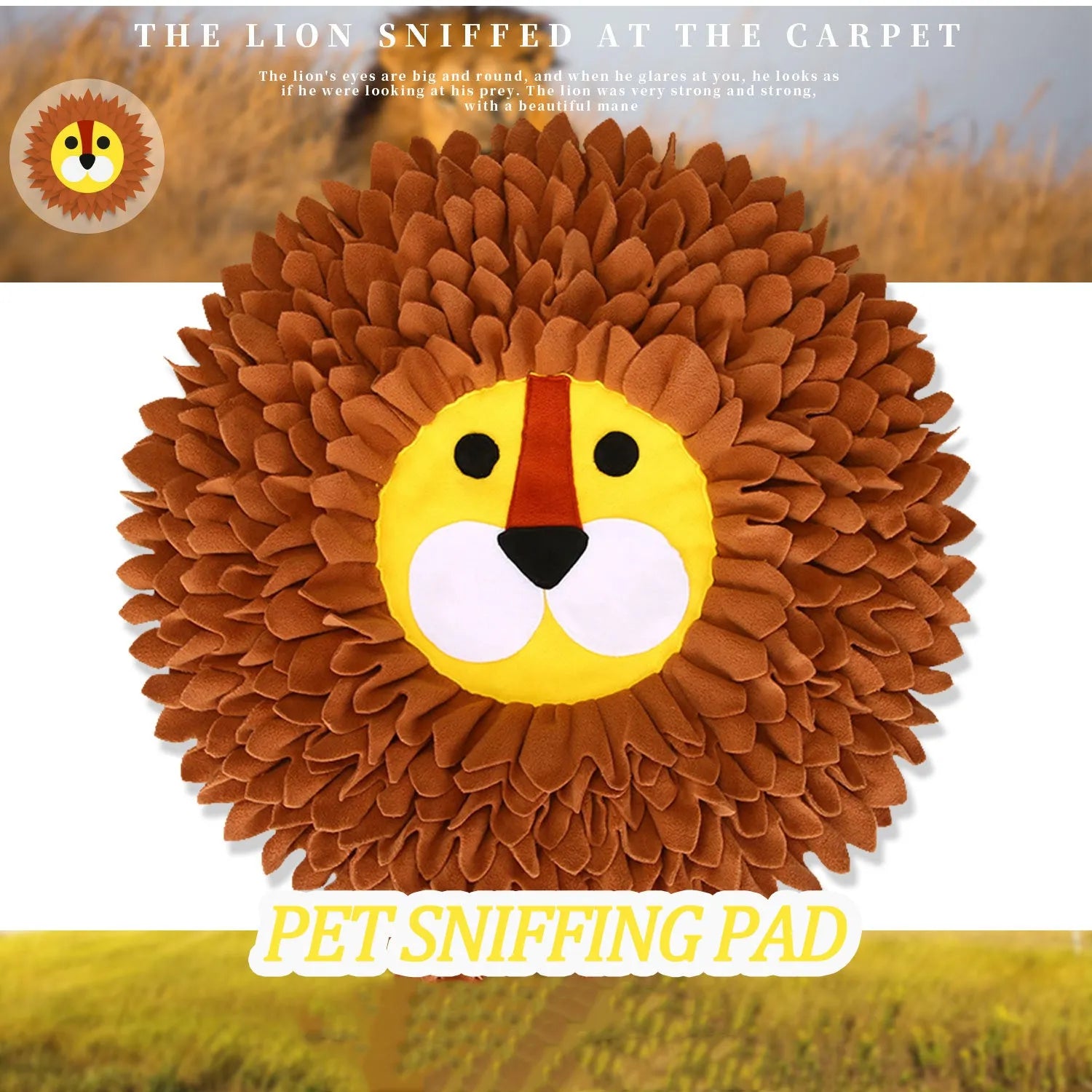 Brown lion sniffing pad and food hiding blanket for dogs and cats