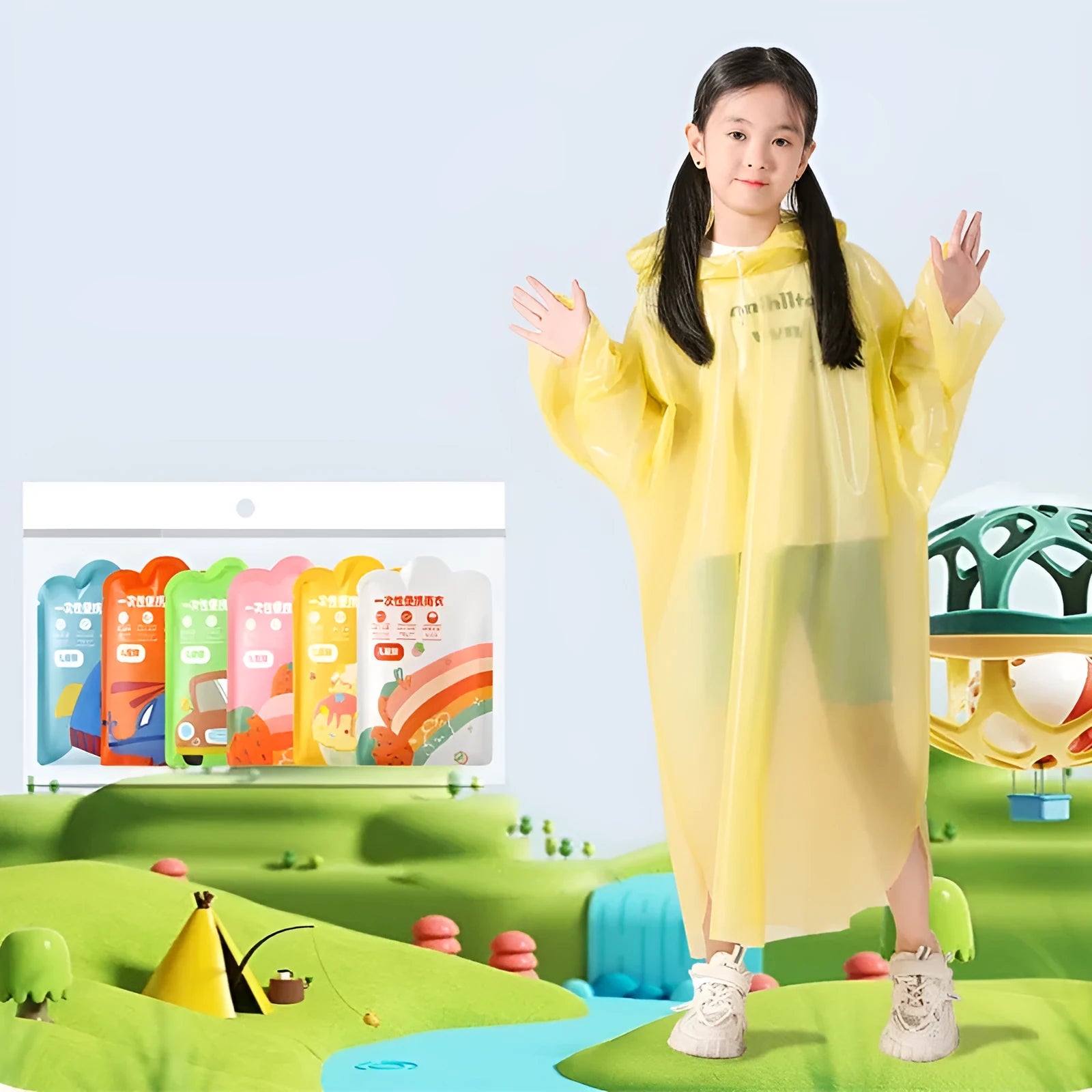 Disposable children's rain poncho folded to 13x9cm size in sealed bag packaging with colour options display
