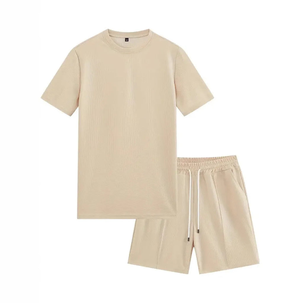 Men's waffle texture short sleeve blouse and shorts set in polyester fabric for summer wear