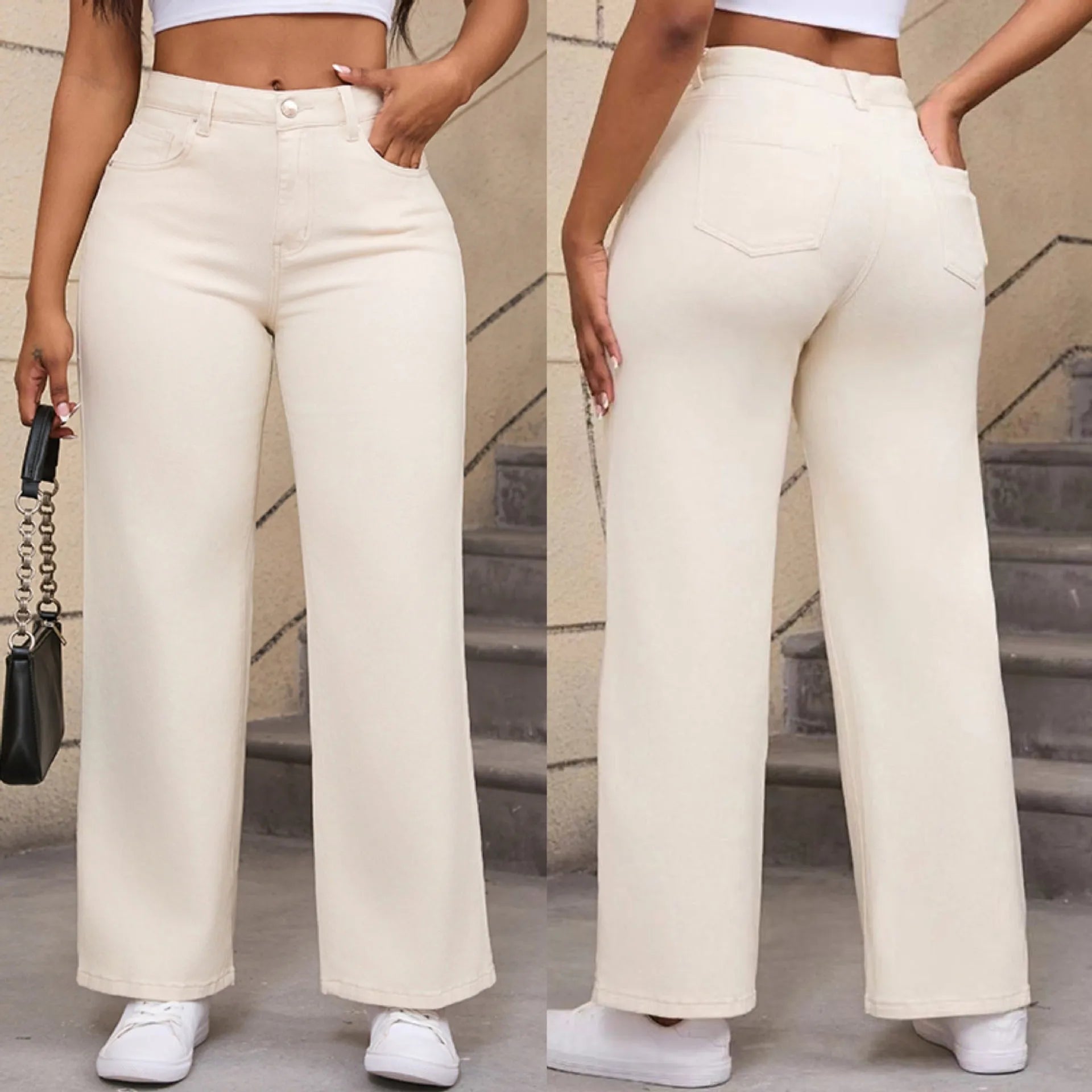 Women's apricot high-waist wide-leg straight jeans made from stretch cotton.