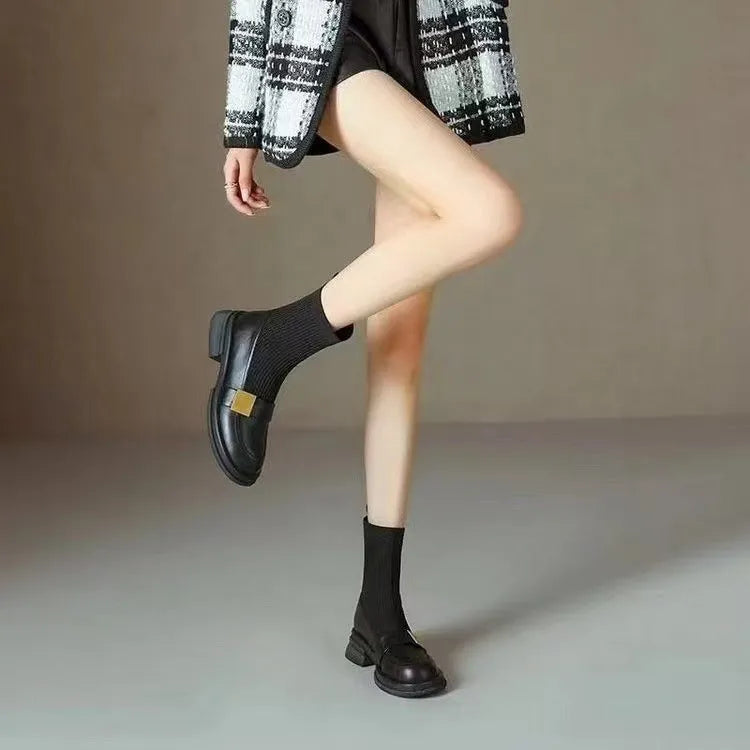 Mid-heel retro new loafer ankle boots for women, black PU leather with elastic band and round toe