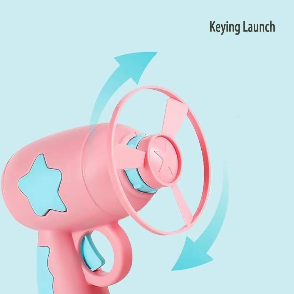 Interactive blue plastic cat toy gun with a spinning frisbee ready for launch.
