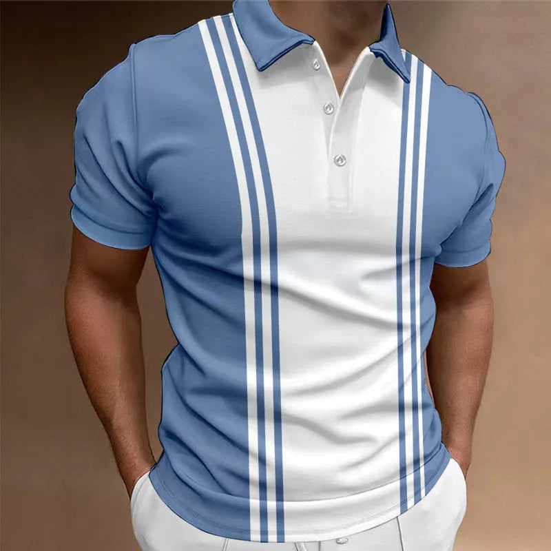 Men's loose fit t-shirt with 3 button printing lapel in polyester fabric showing blue colour option