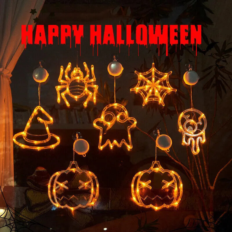 Halloween window hanging LED lights with ghost, spider, and pumpkin designs