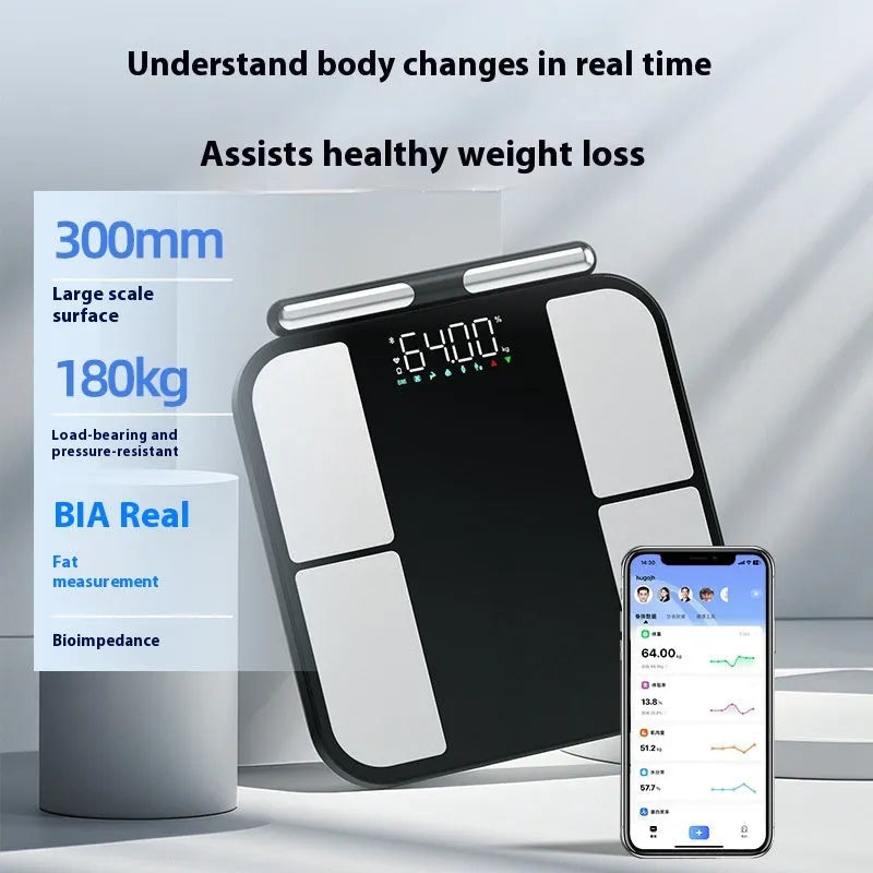 Black electronic weighing scale with tempered glass platform showing body fat percentage on colour screen