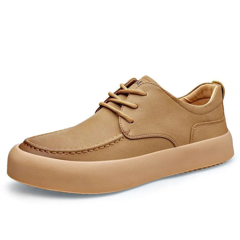 Men's brown casual lace-up shoes with round toe and flat platform sole on a white background.
