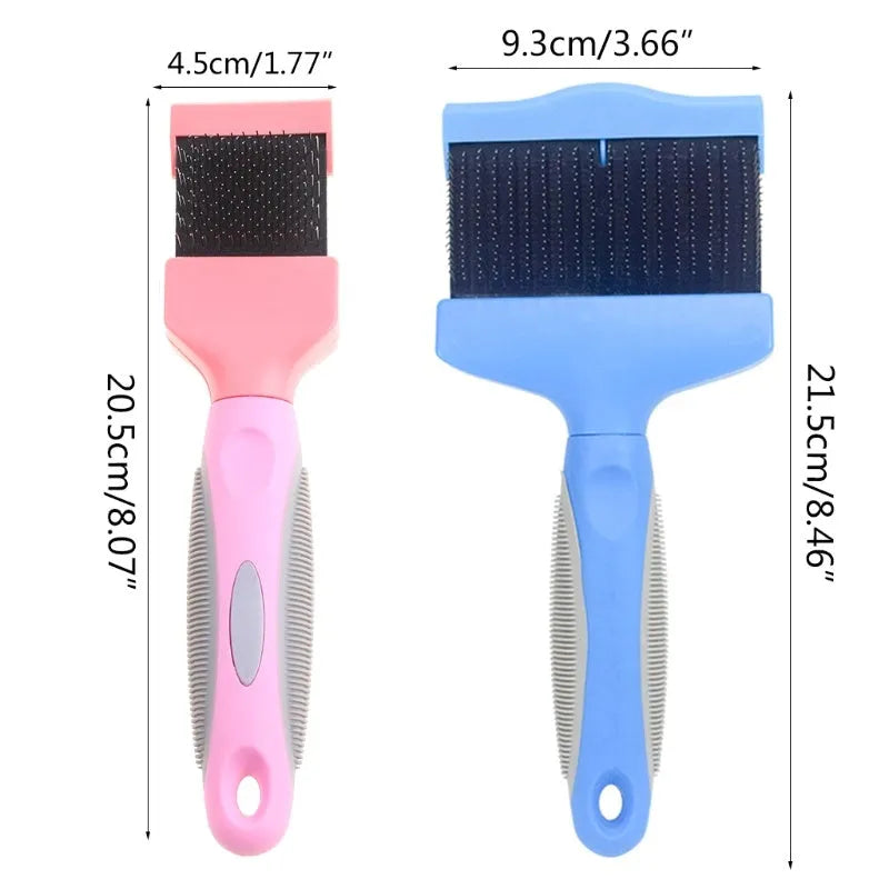 Blue and pink double-sided pet brush with stainless steel pins and ergonomic handle.