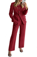 Women's two-piece pantsuit set with long-sleeve blazer and trousers in olive green, beige, red, coffee, black, navy blue