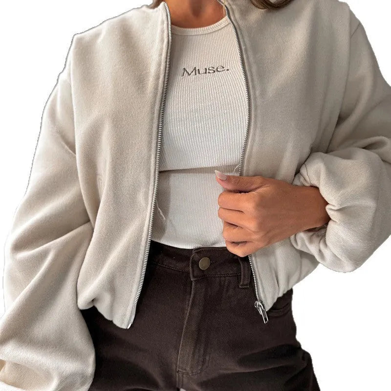 Women's brown lantern sleeve short coat with loose casual fit and pocket details