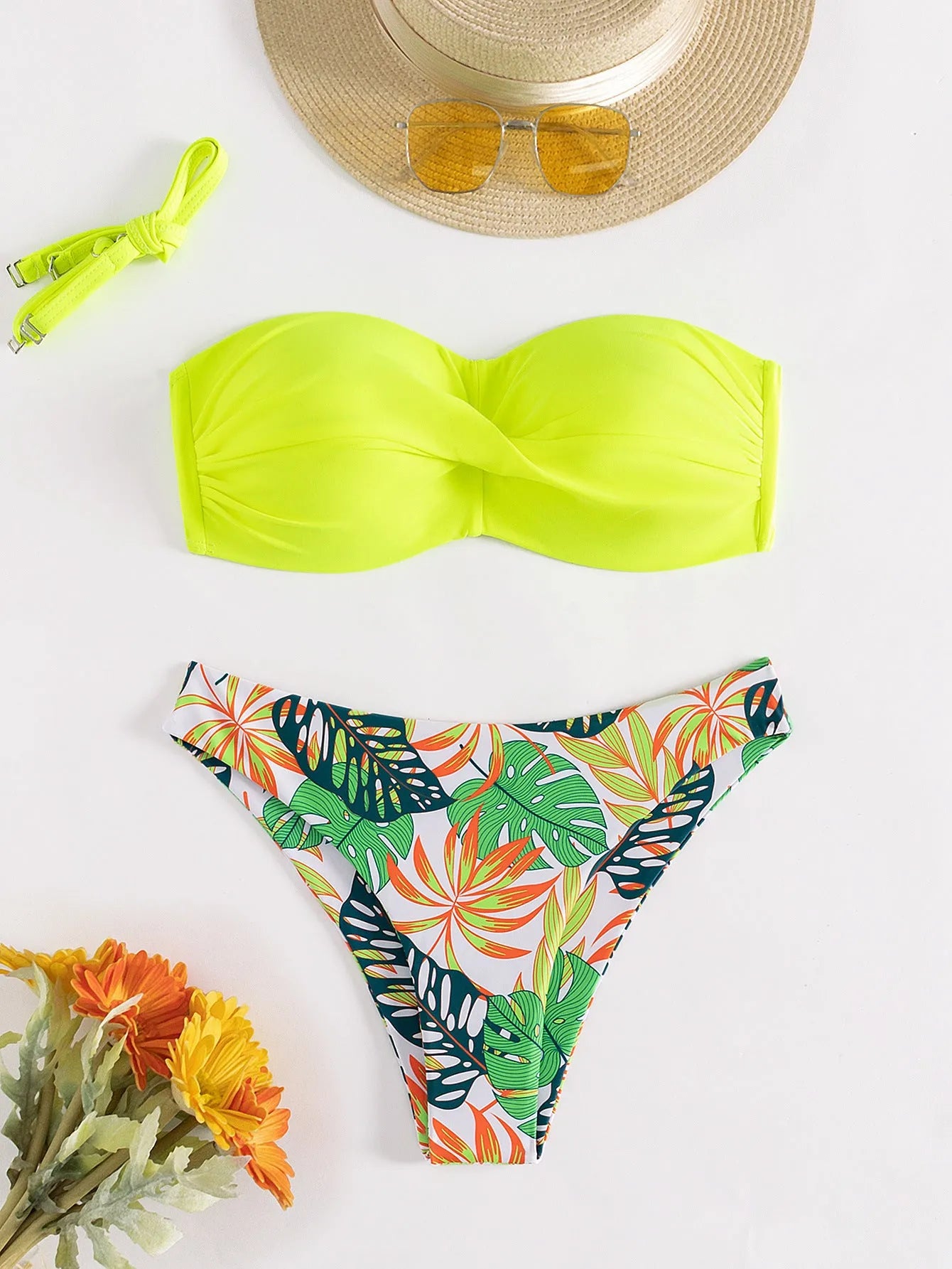 Two-piece bikini swimsuit with hard push up cups in briefs style, shown in available colours.