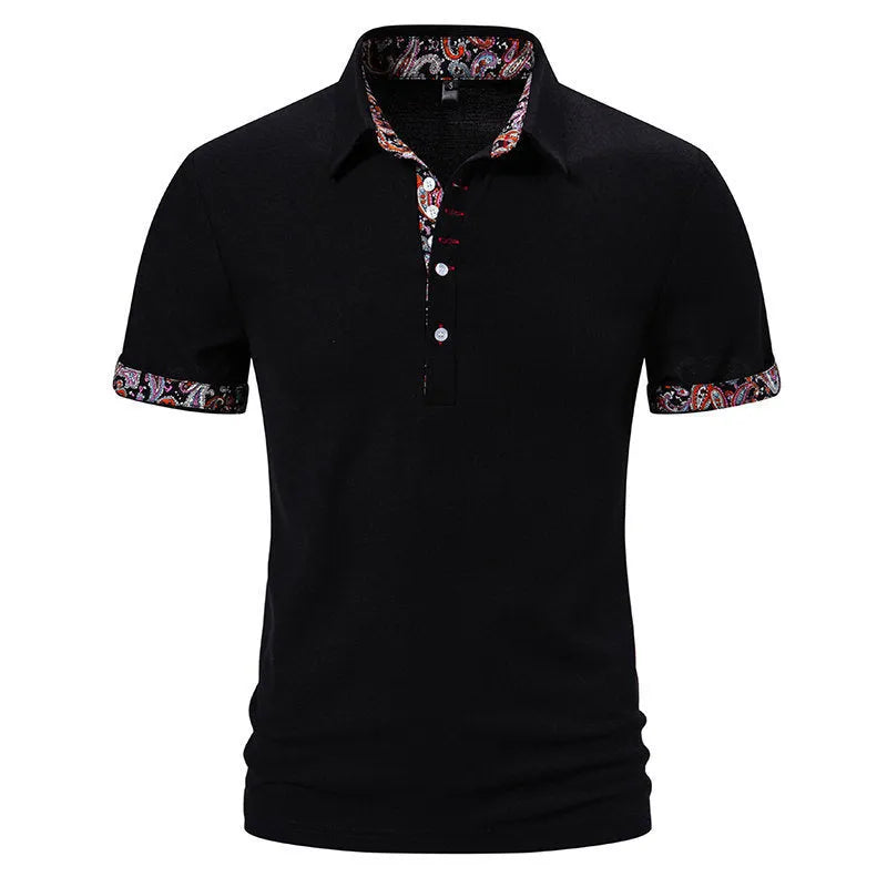 Men's classic polo shirt in cotton blend fabric, shown in white, black, and navy blue colours.