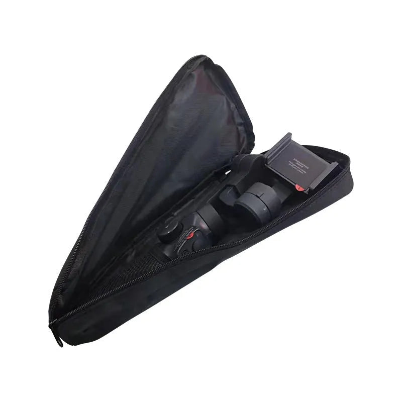 Black cloth storage bag for mobile phone stabiliser accessories showing compact size