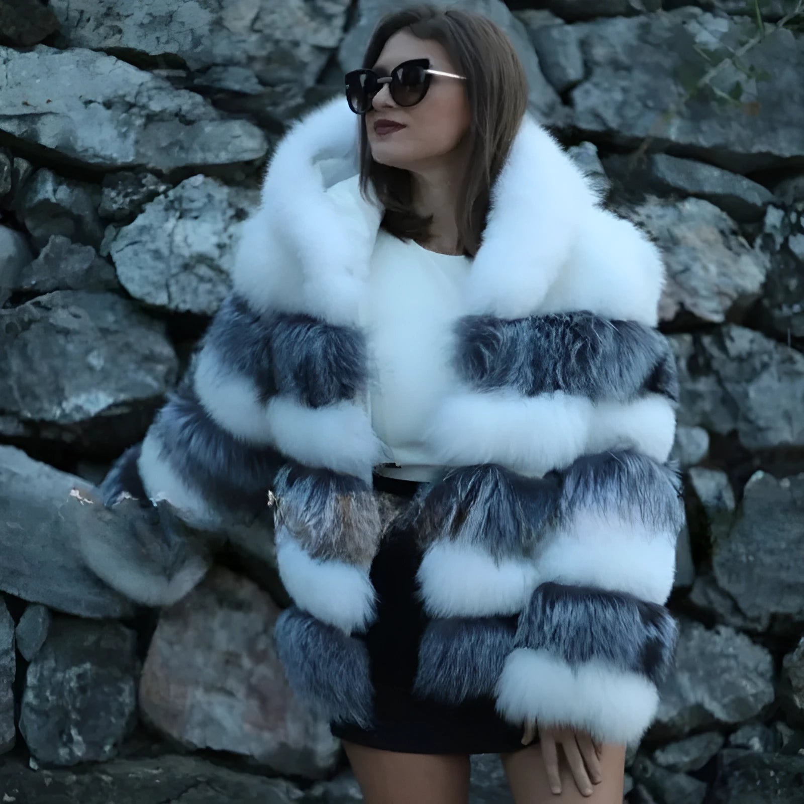 Women's mid-length artificial fur coat with a detachable hood in silver fox white or brown.
