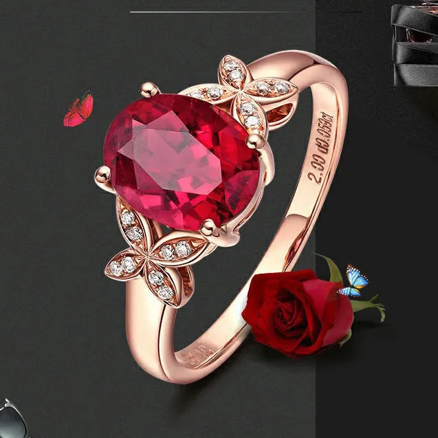 Women's 18k rose gold butterfly ring with heart shape design on copper material in red and blue colour options