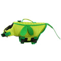 Green dog life vest with reflective trim and adjustable straps for swimming safety