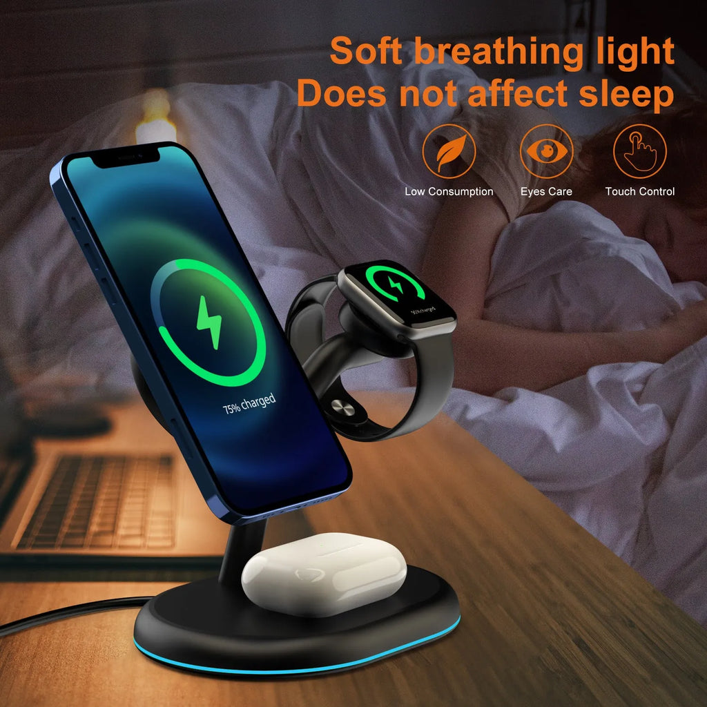 Black multifunctional magnetic wireless charger and power bank with stand function on a table.
