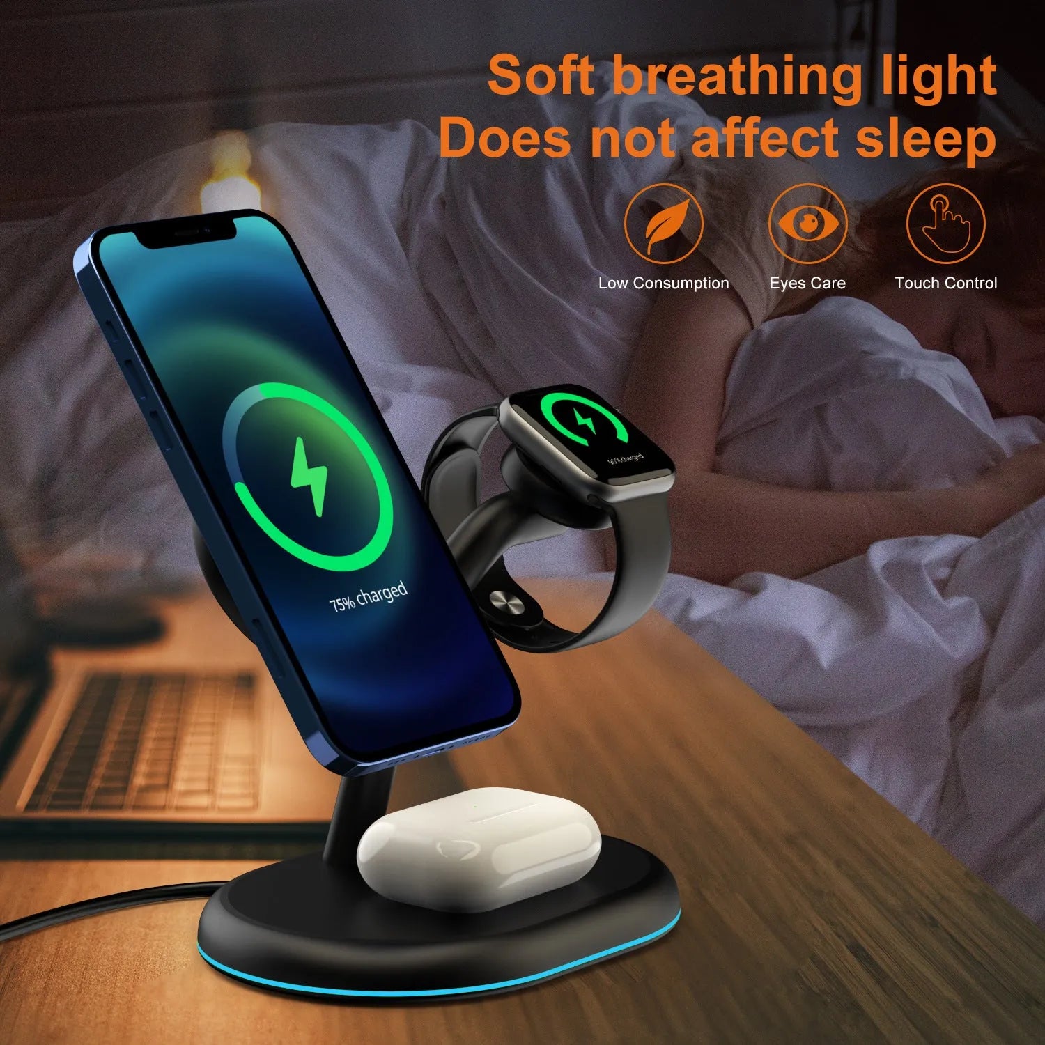 Black multifunctional magnetic wireless charger and power bank with stand function on a table.