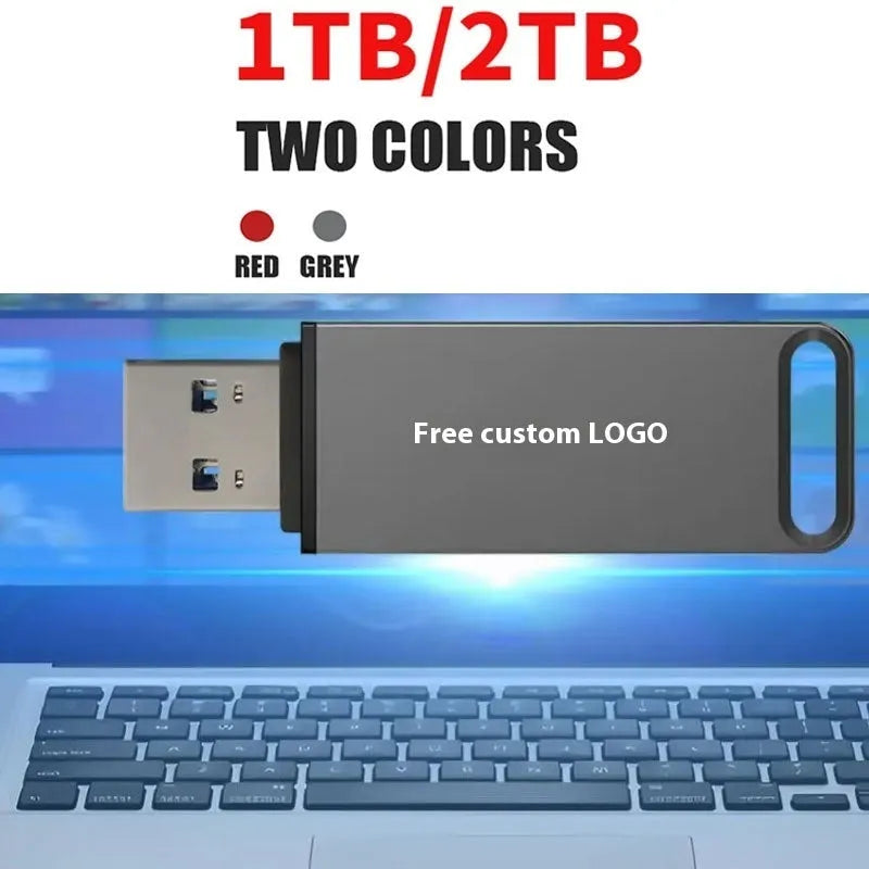 Customisable metal USB flash drive in black, red, or silver colours showing high storage capacity options.