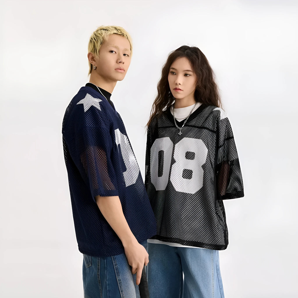 Black and navy blue half sleeve shirt with letter pattern, loose-fitting polyester pullover