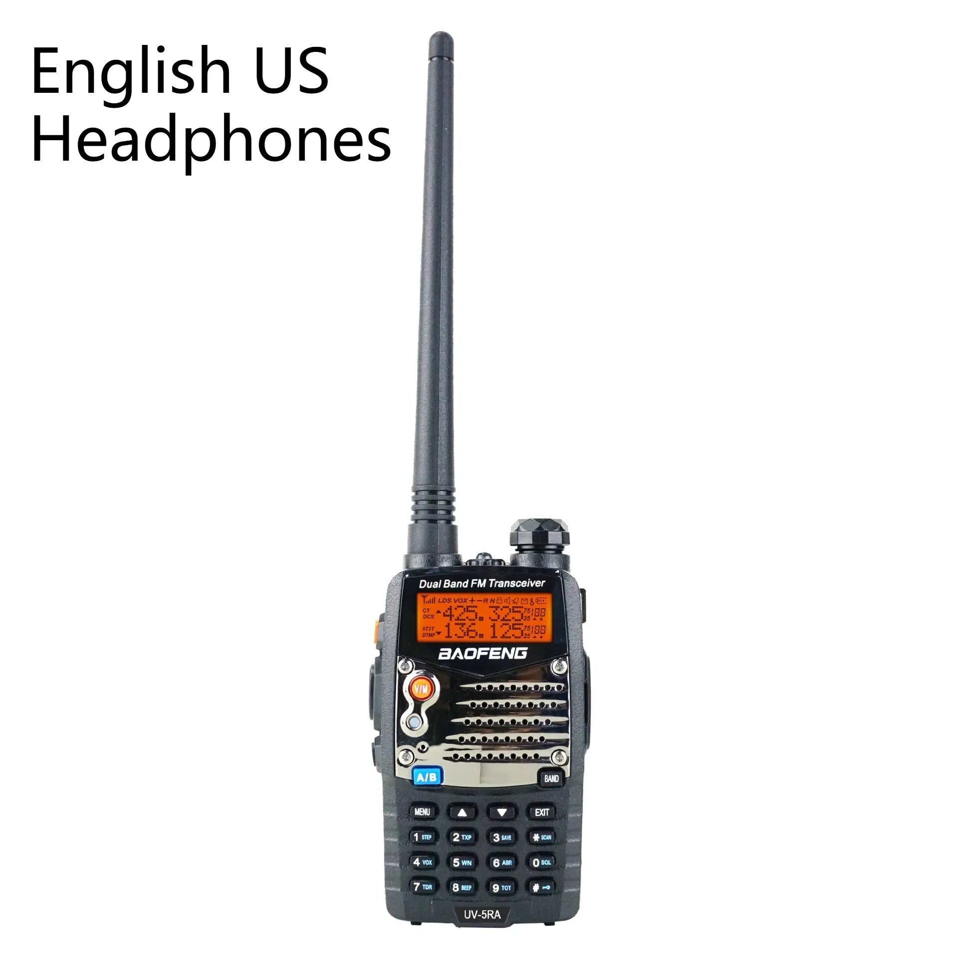 Baofeng UV-5RA black handheld dual-band two-way radio with dual display and antenna.