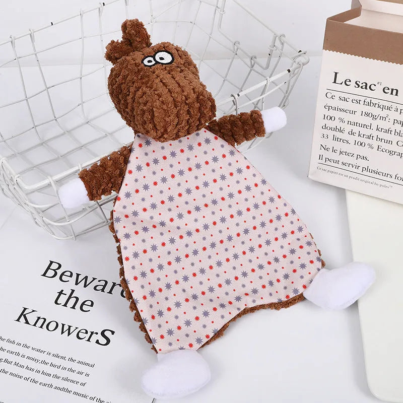 Brown velvet pet chew toy shaped like a fox elephant with crinkle paper and squeaker inside