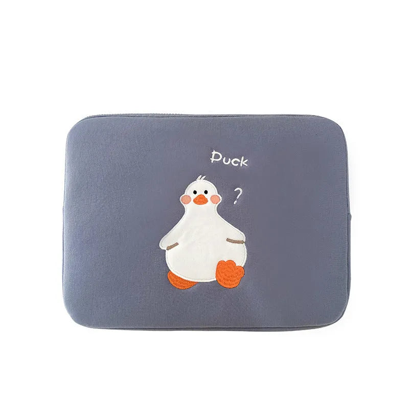 Blue cotton tablet case with embroidered cartoon duck design and a zip closure.