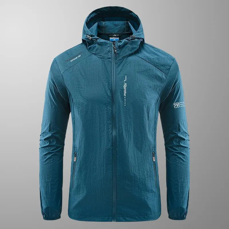 Men's thin nylon summer hooded jacket in light grey colour showing loose fit design