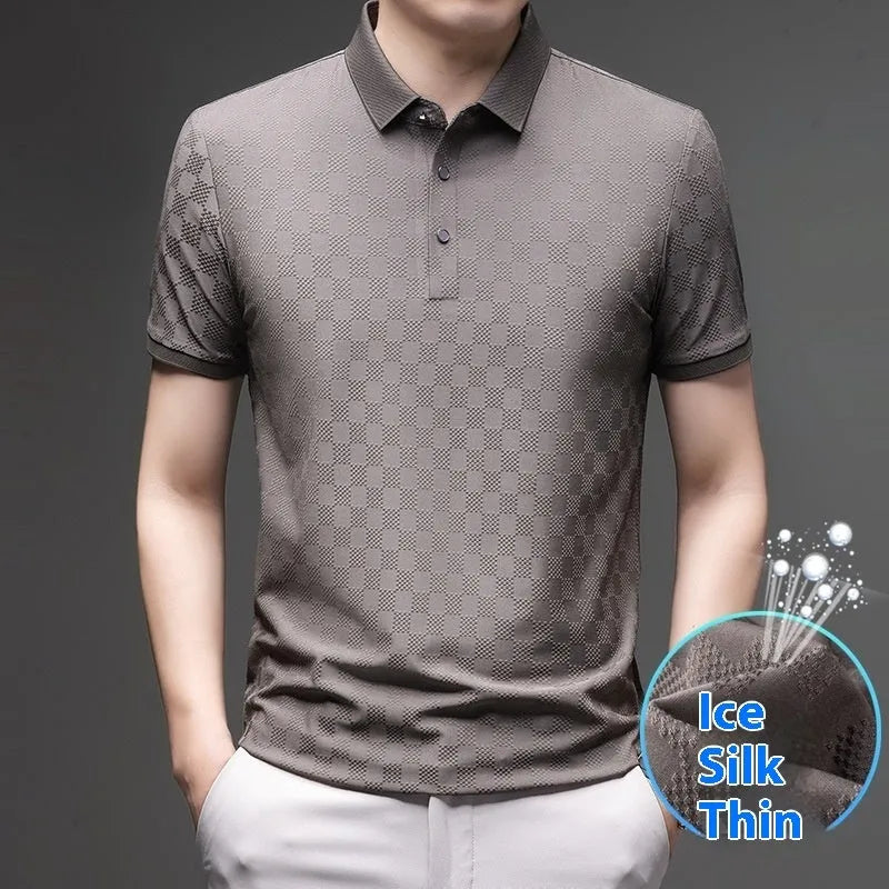 Rhombus brand thin ice silk short sleeve T-shirt for men in black, showing slit hem detail.