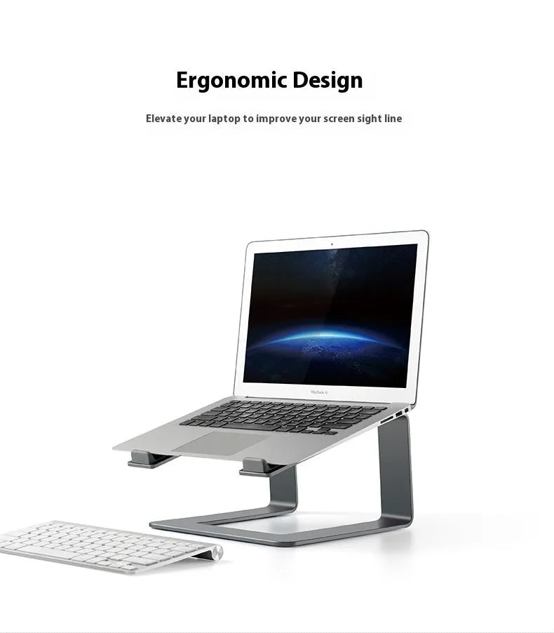 Black aluminium laptop stand with angled platform on a wooden desk