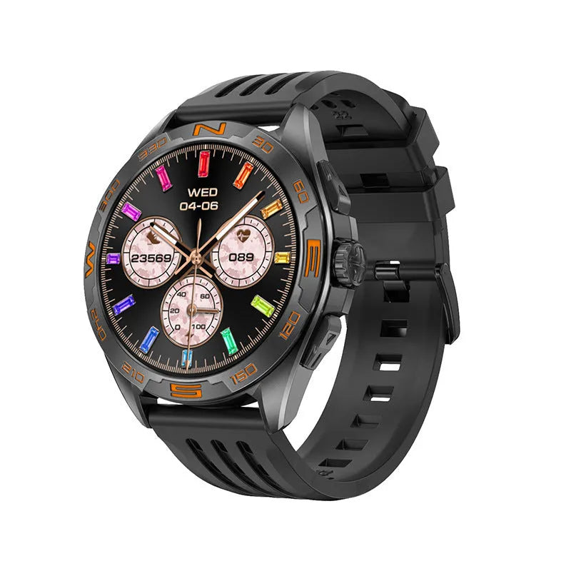 Black smartwatch on wrist displaying health stats, with options in silver, black steel, and silver steel finishes.