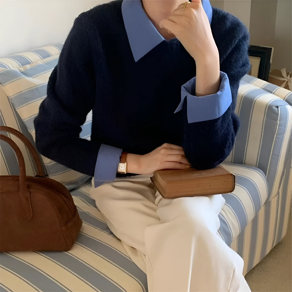 Women's loose-fitting knitwear top with contrast lapels in polyester fabric
