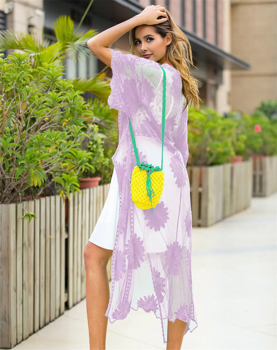Light purple lace embroidery beach dress cover-up with free size for women