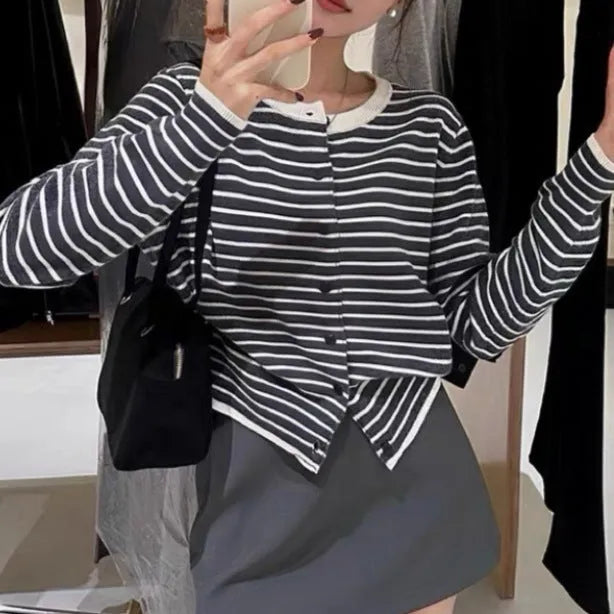 Dark grey and white striped women's cardigan coat with long sleeves and a slim, cropped fit.