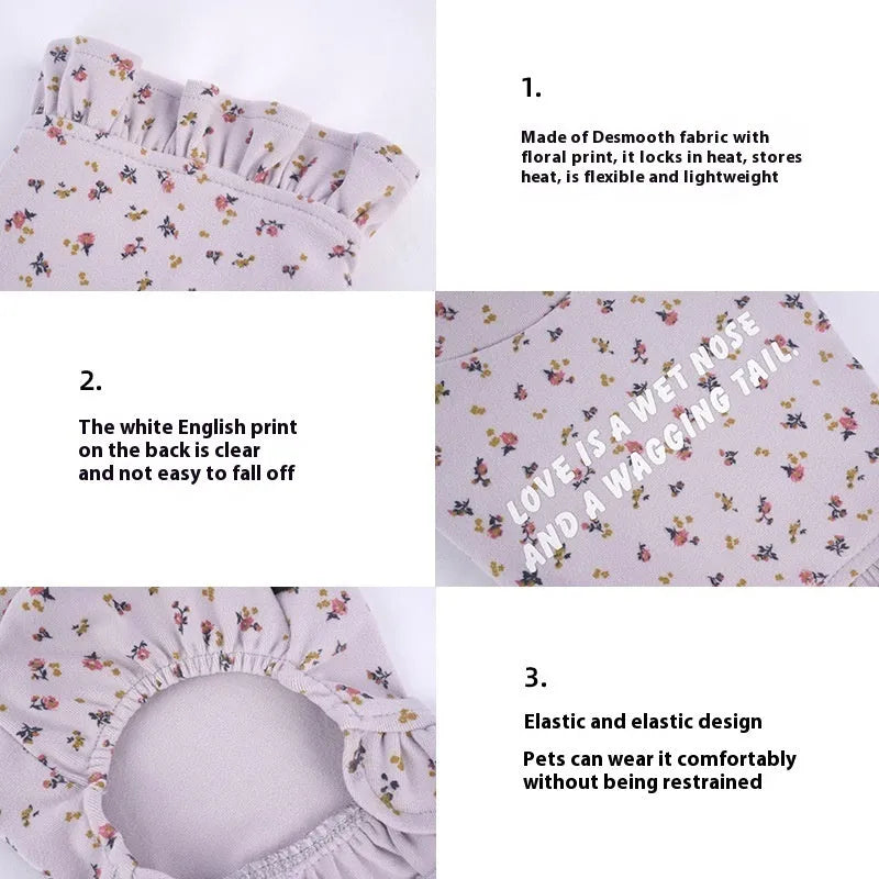 Light purple floral skirt dog undershirt for small breeds on sizing chart