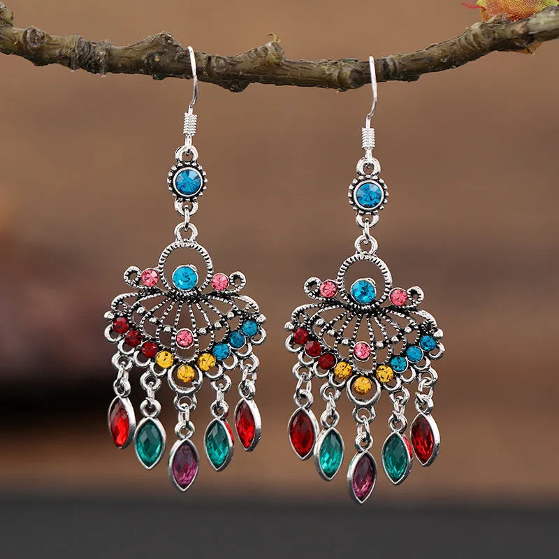 Smart water drop purple retro fringe earrings with crystal detail and ethnic styling
