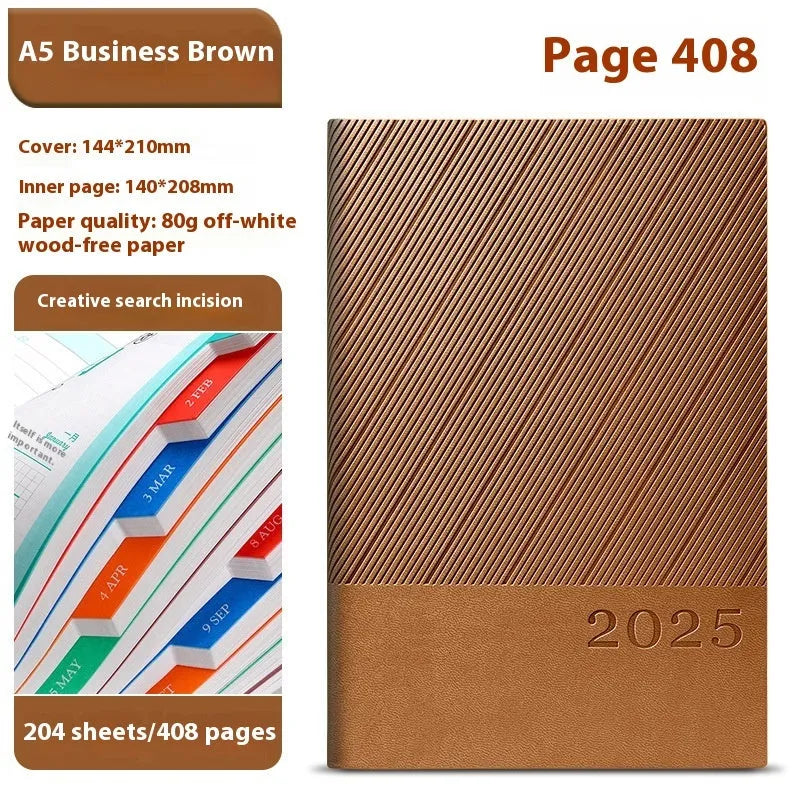 A5 PU leather business notepad with striped cover showing eight colour options and 204 sheets of paper
